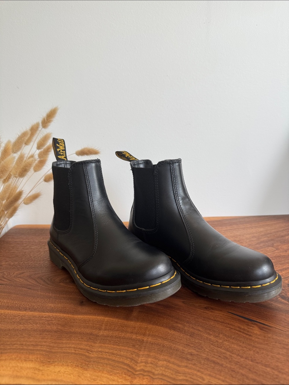 Dr. Martens Black Leather Chelsea Boots with Yellow Stitching